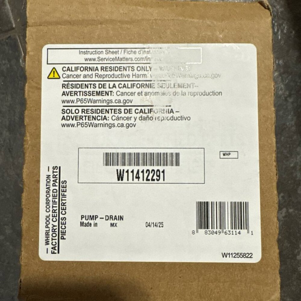 OEM Whirlpool Dishwasher Drain Pump W11412291 BRAND NEW OEM SEALED